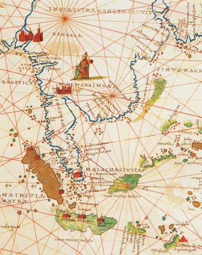 インド洋とアジア・アフリカの一部。マレーシア、ジャワ島、スマトラ島（『Atlas of the World in thirty-three Maps』Battista Agnese著より 作： Battista Agnese