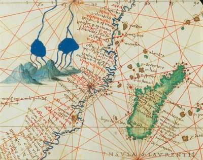 インド洋とアジア・アフリカの一部：ナイル川の湧水とマダガスカル、『Atlas of the World in thirty-three Maps』（Battista Agnese著）より 作： Battista Agnese