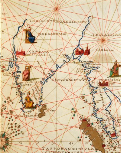 インド洋とアジア・アフリカの一部：インド半島、『Atlas of the World in thirty-three Maps』（Battista Agnese著）より 作： Battista Agnese