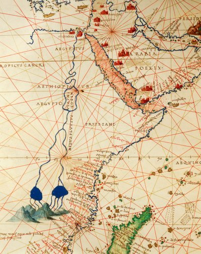 インド洋とアジア・アフリカの一部：ナイル川の流れ、『Atlas of the World in thirty-three Maps』（Battista Agnese著）より 作： Battista Agnese