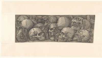 人間の頭蓋骨をさまざまな角度から見て、フリーズとしてグループ化 作： Battista Franco (attributed to)