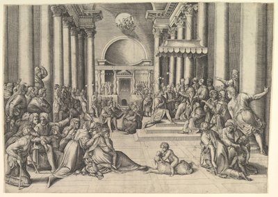 聖座にローマ市を紹介するコンスタンティヌス、右側には多くの見物人が..., ca. 1530-61。 作： Battista Franco Veneziano