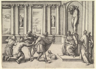 謁見を受けるバッカス像の下に座る男性 1530-61。 作： Battista Franco Veneziano