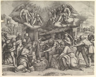 天使が頭上にいる羊飼いの崇拝、約。 1530-61。 作： Battista Franco Veneziano