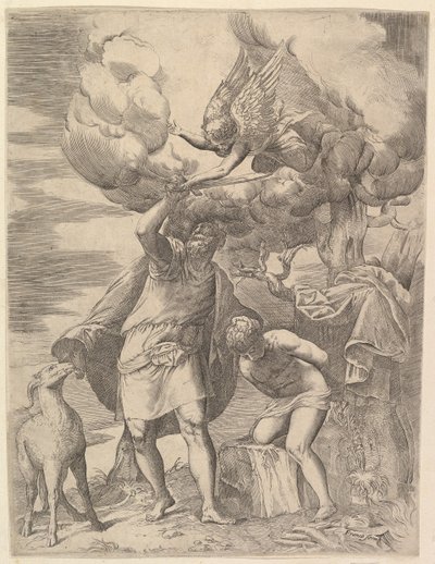 1552年以降、アブラハムの腕にとどまる天使. 作： Battista Franco Veneziano