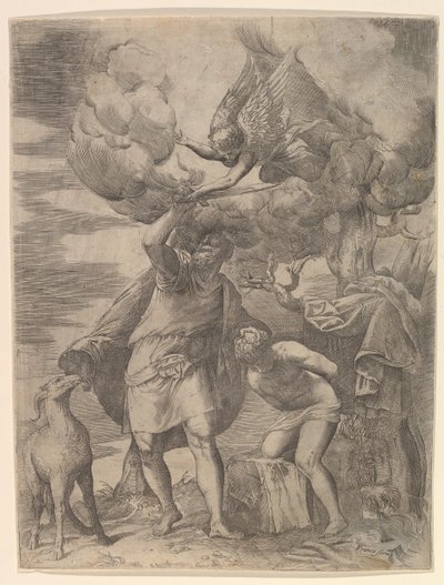 1552年以降、アブラハムの腕にとどまる天使。 作： Battista Franco Veneziano