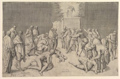 ペリシテ人は契約の箱をダゴンの神殿に置きます。 1540年。 作： Battista Franco Veneziano