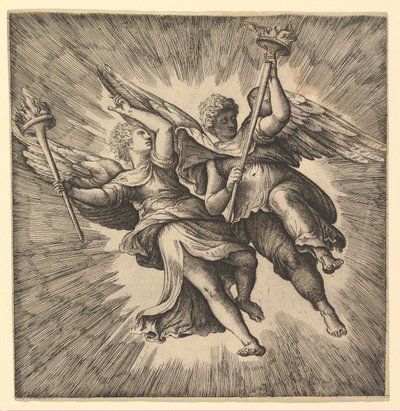 トーチを運ぶ 2 人の天使または翼のある精霊。 作： Battista Franco Veneziano