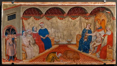 コンスタンティンとヘレンの存在下でのローマのラビとの聖シルベスターの論争（パネル上のテンペラ） 作： Battista da Vicenza