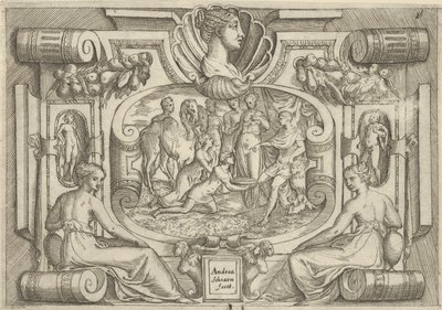 玉座に座っている王にコインの盛り合わせを提供する男女。 1540-80。 作： Battista del Moro