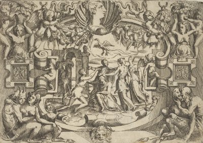 着席した人物を囲む 4 人の女性、その上に鳥がいる、精巧な..., ca. 1540-80。 作： Battista del Moro