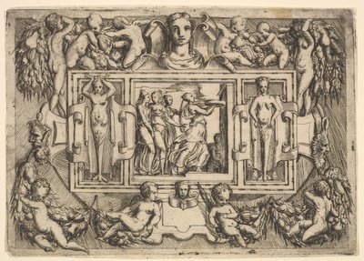 トレイを持って右に歩いているキューメア人のシビュラと、それに続く 3 人の女性..., ca. 1540-80。 作： Battista del Moro