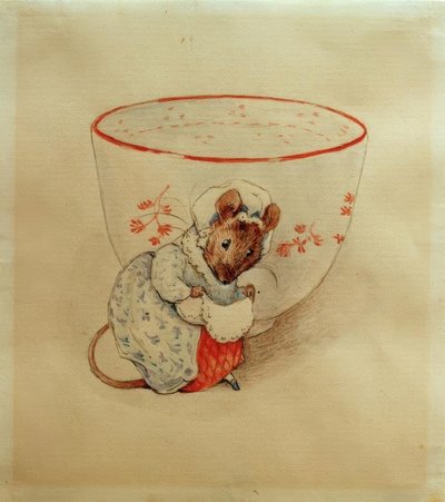 ティーカップの前でネズミ夫人がねじれる 作： Beatrix Potter
