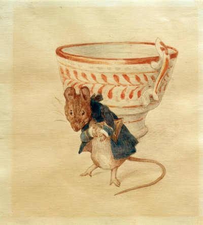 マウスさんがティーカップの前でお辞儀をする 作： Beatrix Potter