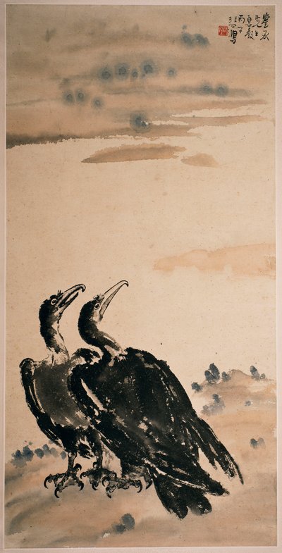 二羽の鵜（掛軸、彩色、紙） 作： Beihong Xu