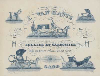 ベルギー、ゲントの馬具屋兼コーチビルダー、L van Hauteの広告（リトグラフ版 作： Belgian School