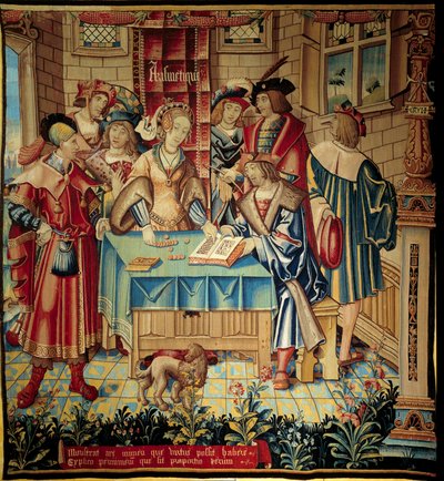リベラルアーツを描いたカーテン。算術」。1520年頃、トゥルネーで製作された羊毛と絹のタペストリー。日 3,1x2,9 m パリ、国立中世博物館、クリュニーの温度計 作： Belgian School