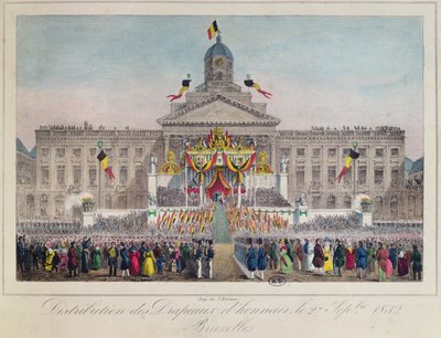 1832年、1832年9月27日、ブリュッセルでの名誉の旗の配布（カラー彫刻） 作： Belgian School