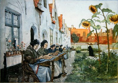 ブルージュの老人ホームの庭でレースをする人たち 作： Belgian School