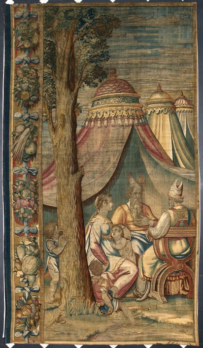 1561-1564年にブリュッセルの工房で制作されたルカ・カンビアソ（1527-1584）のカルトンに倣った、ディオニス・マルテンシュによるモイーズとジェスロ、セフォラのタペストリー。391x141,2 cm ジェネス、ストラダ・ヌオーヴァ美術館 作： Belgian School
