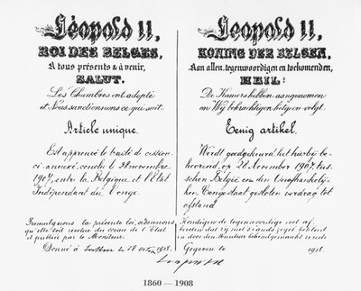 1908年にベルギーにコンゴが併合されたことを承認したレオポルド2世（1835-1909）の署名 作： Belgian School
