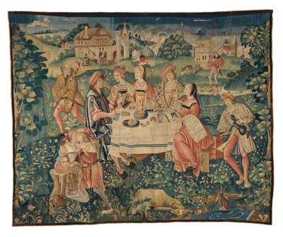 野外の宴、または愛の園での野外の食事を描いたタペストリー、トゥルネー製、1510年頃（ウール＆シルク） 作： Belgian School