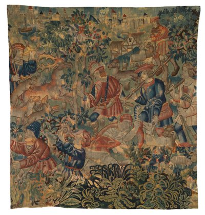 狩猟風景を描いたタペストリー、1500年頃、トゥルネーのものと思われる（羊毛） 作： Belgian School