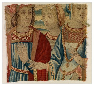 男性と2人の女性を描いたタペストリーの断片、ベルギー、ブリュッセルで制作された可能性あり、16世紀初頭（ウール＆シルク） 作： Belgian School