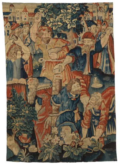 ベルギーのブリュッセルで制作されたと思われる「長老たちの石打ち」を描いたタペストリーの断片 作： Belgian School