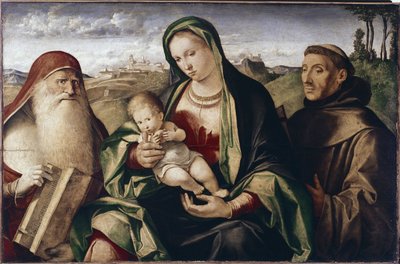 聖女ジェロームと聖女フランシスコの間にいる子連れの聖母（木地に油彩 作： Benedetto (c.1460 1525) Diana