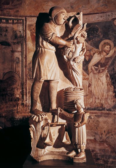 ベネディクト・アンテラミ（1178-1233）による「月のサイクル」からの9月の彫刻、イタリア、エミリア・ロマーニャ州パルマの洗礼堂 作： Benedetto Antelami