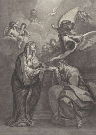プレート 6: セント ジョセフの夢、左に聖母マリア、その上に指し示す天使がいる、1777 年 作： Benedetto Eredi