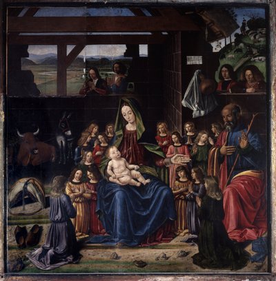 降誕。 ベネデット ギルランダイオ (1458-1497) の絵画。 木に油彩。 薄暗い: 147x144cm。 エグペルス教会 作： Benedetto Ghirlandaio