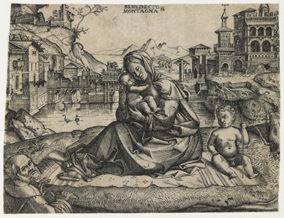 風景の中の幼児セントジョンとの聖家族c。 1506-1512 作： Benedetto Montagna