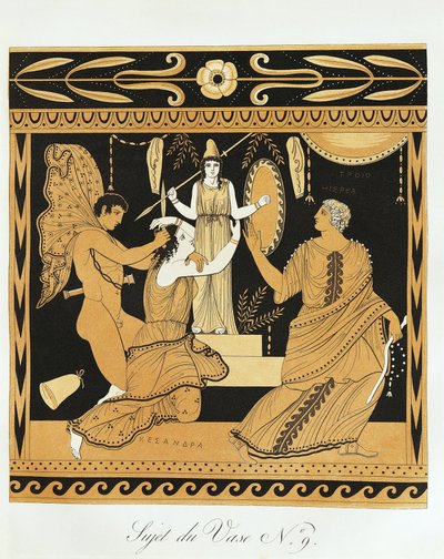 Ajax The Lesser は、アテナ像の足元で Cassandra を侮辱します (版画) 作： Benedict or Benedikt Piringer