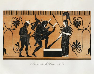 古代ギリシアの壷に描かれた、アテナの前で竪琴を弾くヘラクレスとその後ろに立つヘルメスの場面（ピリンジャー作、ギリシア原画に基づく）、エングレーヴィング 作： Benedict or Benedikt Piringer