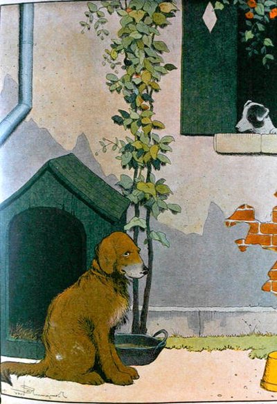 ジョルジュ・ド・ビュフォンの『自然誌』（1707～88年）に掲載された「Le Buffon de Benjamin Rabier」の挿絵に描かれた犬（カラーエングレービング）。 作： Benjamin (after) Rabier