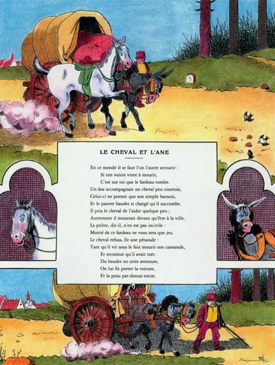 馬と驢馬（Jean de la Fontaineの「寓話」からの挿絵 作： Benjamin (after) Rabier