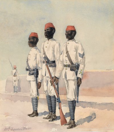 第 10 スーダン大隊の軍曹と 2 人のその他の階級、1889 年頃（水彩） 作： Benjamin Donisthorpe Alsop Donne