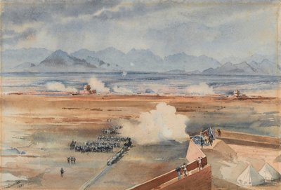 1888 年 12 月 20 日、Suakin の Gemazih で教団に対する戦闘が成功する前の、英エジプト守備隊のスーダン軍の出撃 (水彩画) 作： Benjamin Donisthorpe Alsop Donne