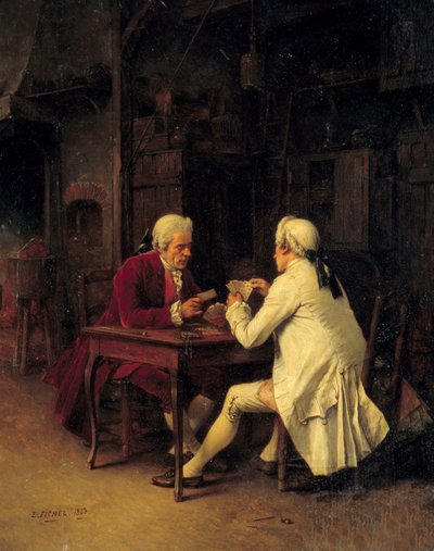 カードプレーヤー ユージン・フィッシェル（1826-1895）の絵画 1863年 日0.27x0.22 m 作： Benjamin Eugene Fichel