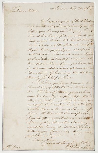 1766年11月20日、ロンドンのアンペン夫人への直筆の手紙（紙にペンとインク） 作： Benjamin Franklin