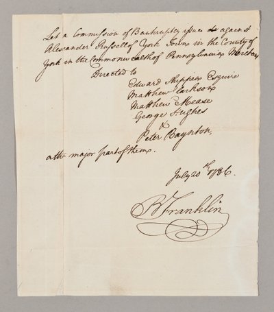 1786年7月20日の破産委員会（紙にペンとインク）（2561291-93も参照）。 作： Benjamin Franklin
