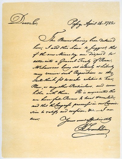 1782年4月14日、ベンジャミンフランクリンからデビッドハートリー議員への手紙。 作： Benjamin Franklin