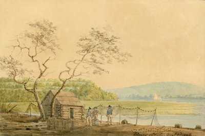 フレンチタウンのパケット ワーフからエルク クリークを見下ろす眺め、1806 年。 作： Benjamin Henry Latrobe