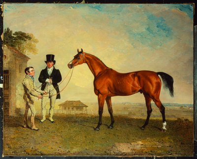 1829年、馬小屋の所有者であるジョンハウが彼の側にいるニューマーケットヒースの新郎が抱いた湾の競走馬「スキフ」 作： Benjamin Marshall