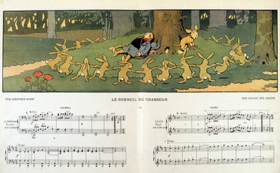 眠そうなハンターの周りを回るウサギ - ベンジャミン・ラビエ (1864-1939) が描いたジェーン・ヴューの「音楽のイメージ」より 作： Benjamin Rabier