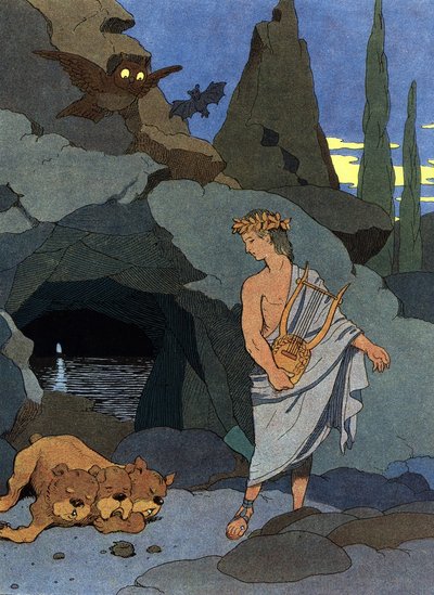 オルフェウスと彼の竪琴を眠らせた 3つの頭を持つ犬Cerbère 作： Benjamin Rabier