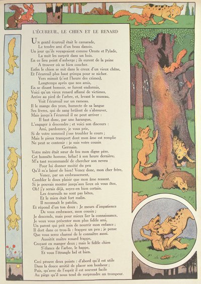 ジャン・ド・ラ・フォンテーヌ（1621-95）の「寓話」からのリス、犬、キツネ（カラー彫刻） 作： Benjamin Rabier