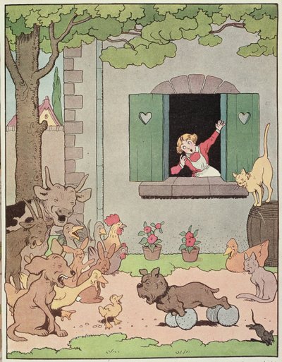 グロニャールの不快感を喜ぶ農場の動物、「Placide et Gedeon」のイラスト、1926年（カラーリソ） 作： Benjamin Rabier